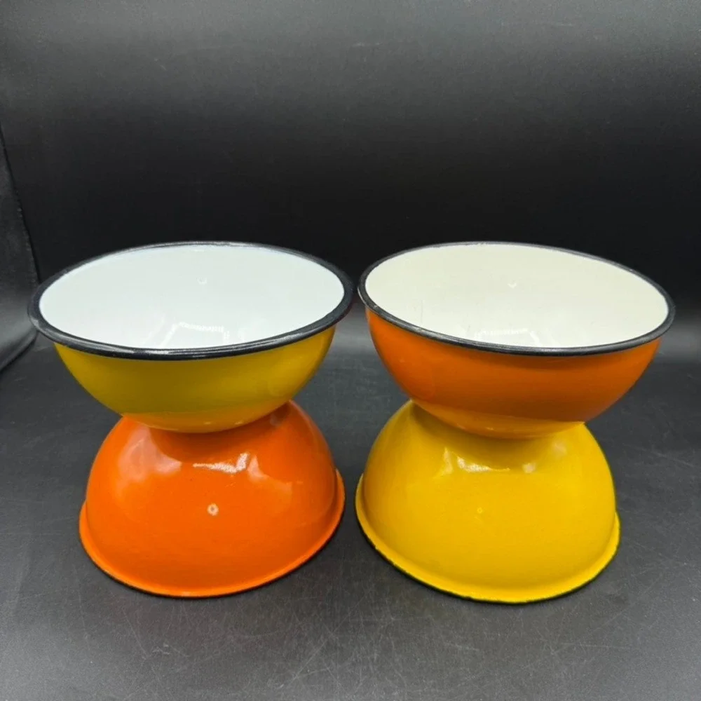 Vintage Huta Silesia Enamelware Bowls Set 14cm Orange Yellow Retro MCM Poland